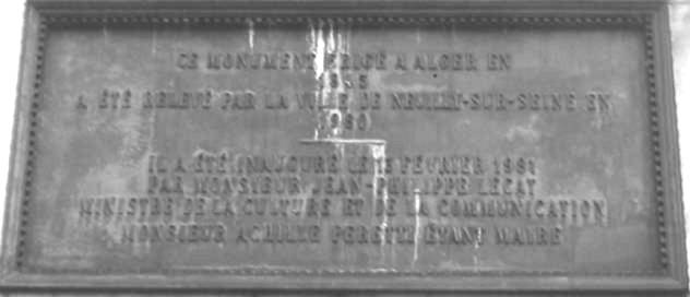 plaque lors de l'inauguration � Neuilly en 1981